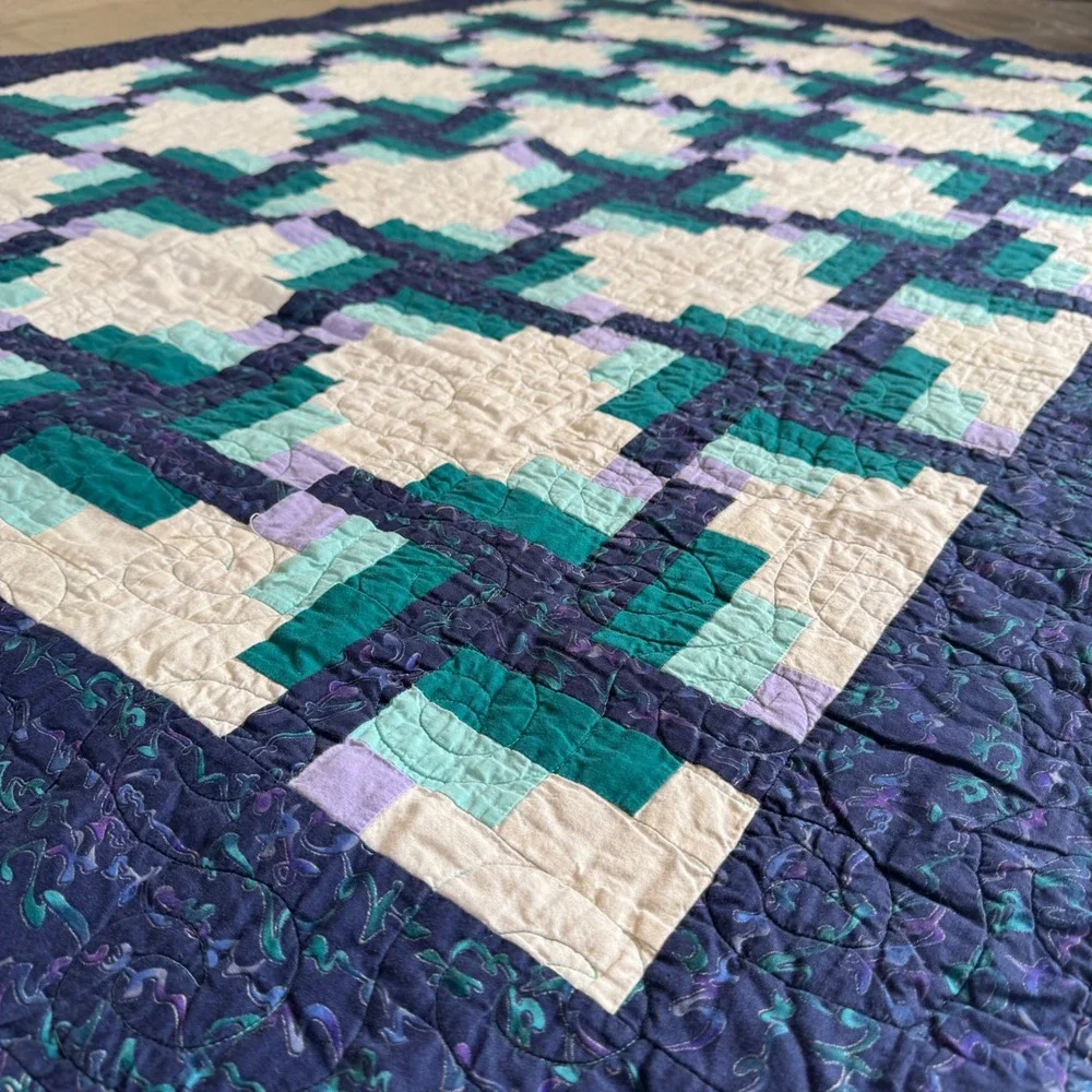 Handmade Vintage Quilt 76x54 Blue Teal Purple Log Cabin Patchwork Geometric 90s